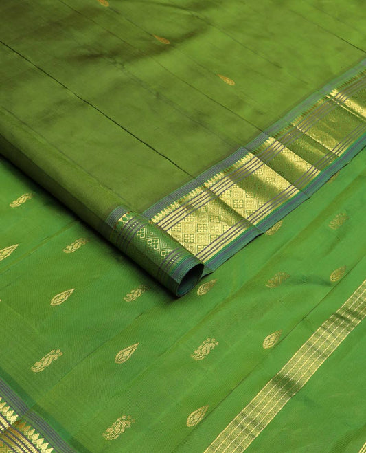 Green zari buttas silk saree, contrast one-sided border of thilakam mokku, banaras, muthu & jaal designs & zari design pallu