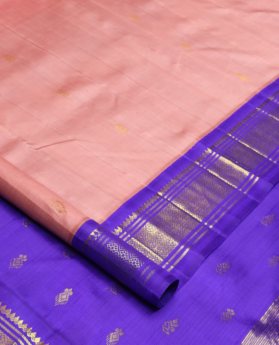 Onion pink zari buttas Kanchipuram silk saree, contrast one-sided korvai border of thilakam mokku, banaras, and jaal design, and zari design pallu