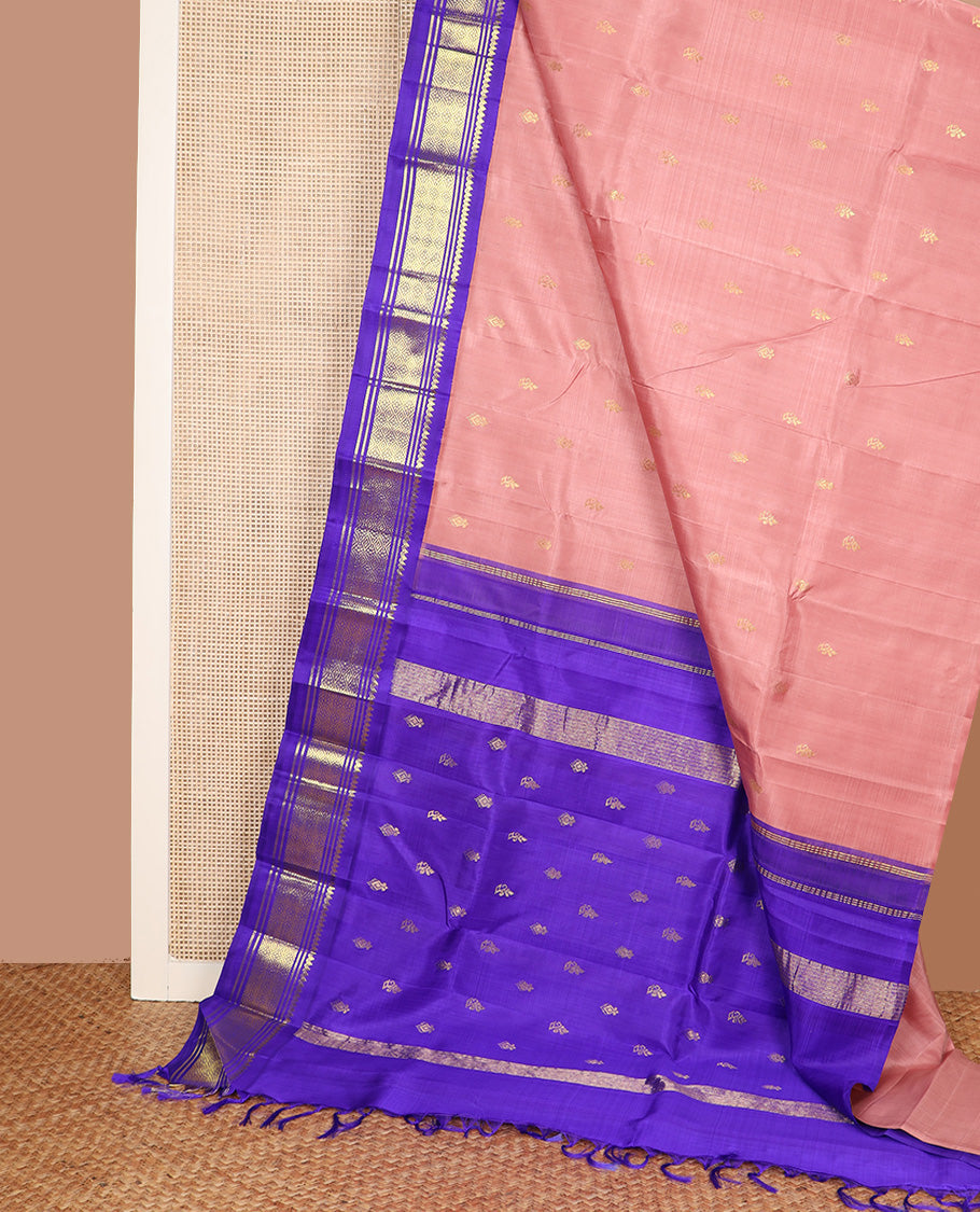 Onion pink zari buttas Kanchipuram silk saree, contrast one-sided korvai border of thilakam mokku, banaras, and jaal design, and zari design pallu