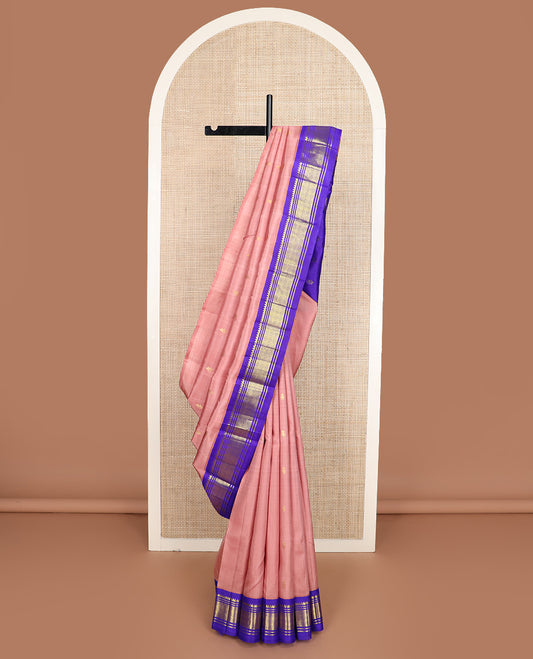 Onion pink zari buttas Kanchipuram silk saree, contrast one-sided korvai border of thilakam mokku, banaras, and jaal design, and zari design pallu