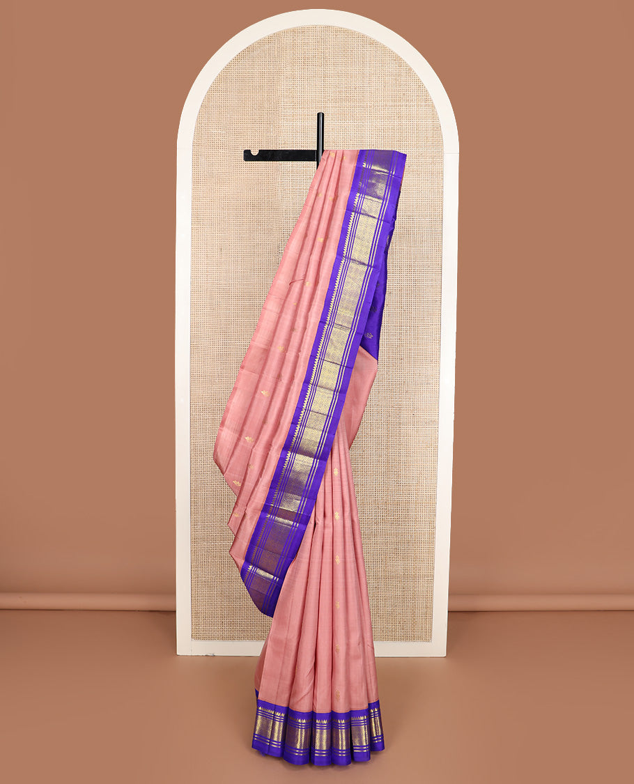 Onion pink zari buttas Kanchipuram silk saree, contrast one-sided korvai border of thilakam mokku, banaras, and jaal design, and zari design pallu