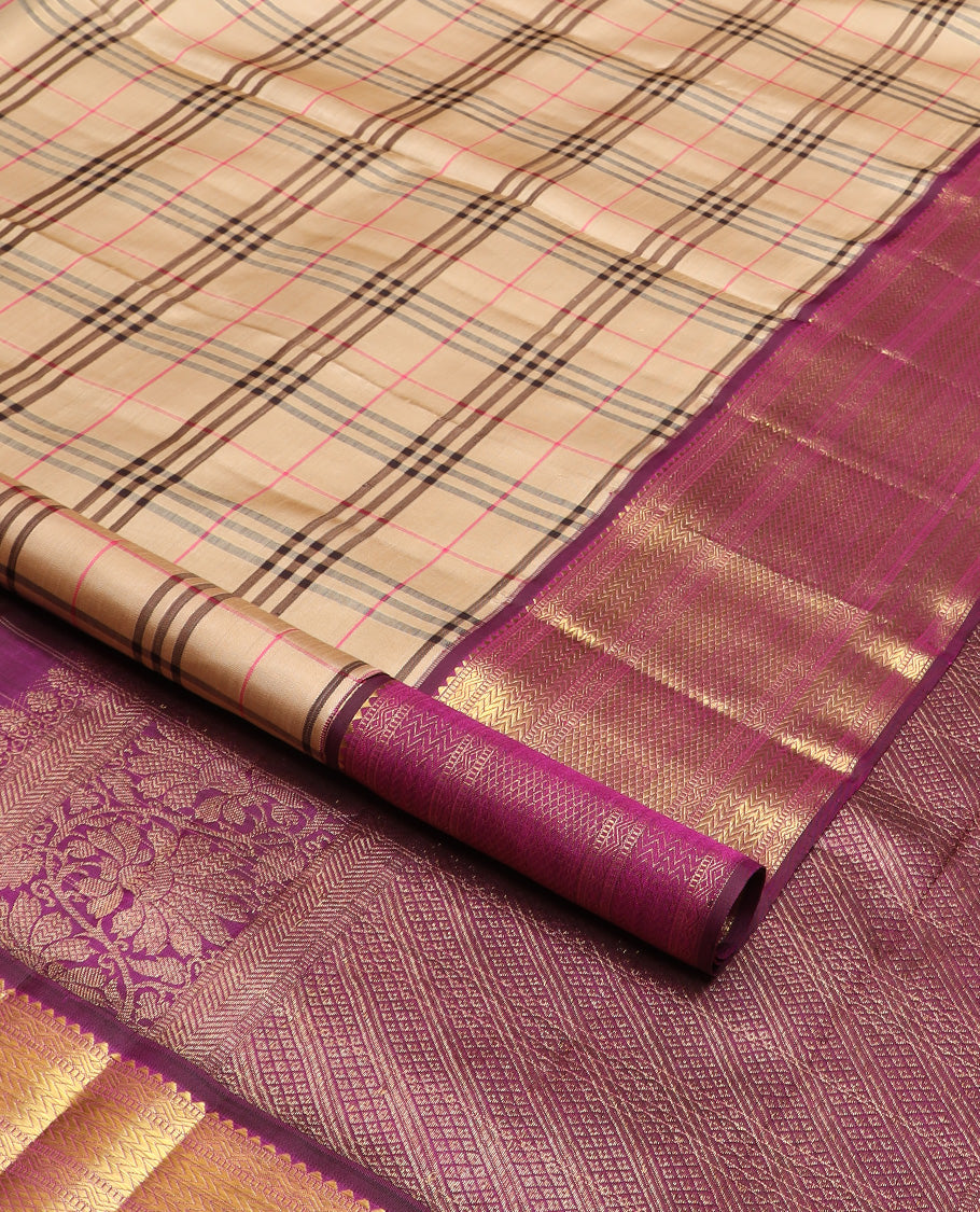 Sandal Burberry checked Kanchipuram silk saree, contrast border of rekku,muthu,neli,vanki, and kuyil kann, and pallu of kodi visiry, and diagonal mayil kann designs