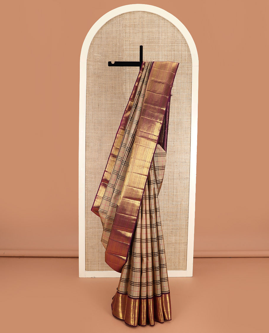 Sandal Burberry checked Kanchipuram silk saree, contrast border of rekku,muthu,neli,vanki, and kuyil kann, and pallu of kodi visiry, and diagonal mayil kann designs