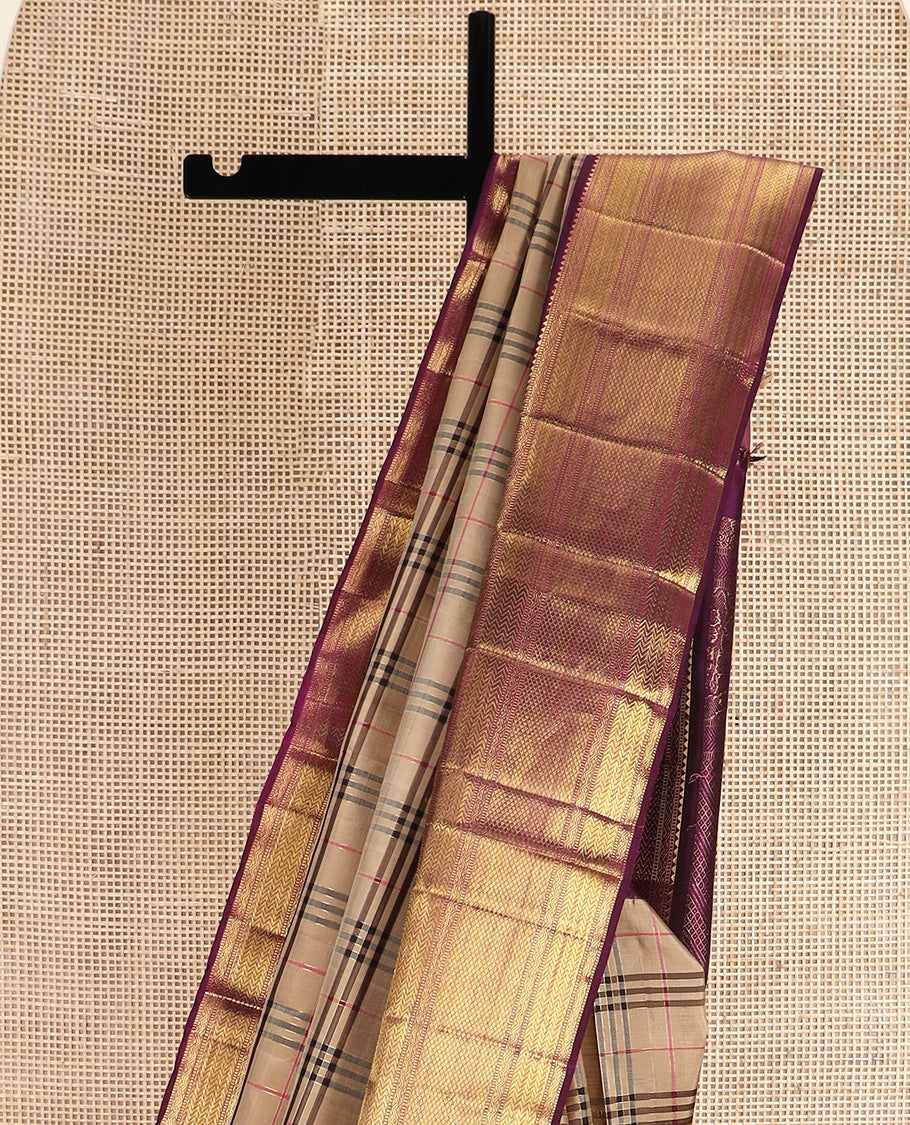 Sandal Burberry checked Kanchipuram silk saree, contrast border of rekku,muthu,neli,vanki, and kuyil kann, and pallu of kodi visiry, and diagonal mayil kann designs