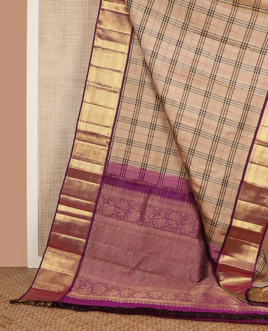 Sandal Burberry checked Kanchipuram silk saree, contrast border of rekku,muthu,neli,vanki, and kuyil kann, and pallu of kodi visiry, and diagonal mayil kann designs