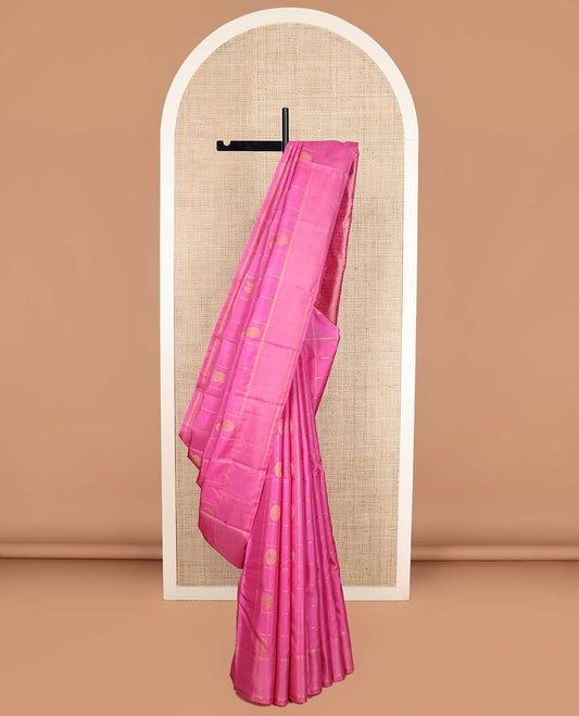 Pink annam chakram buttas enclosed checked Kanchipuram silk saree, zari border of stripes, and pallu of scallop designs