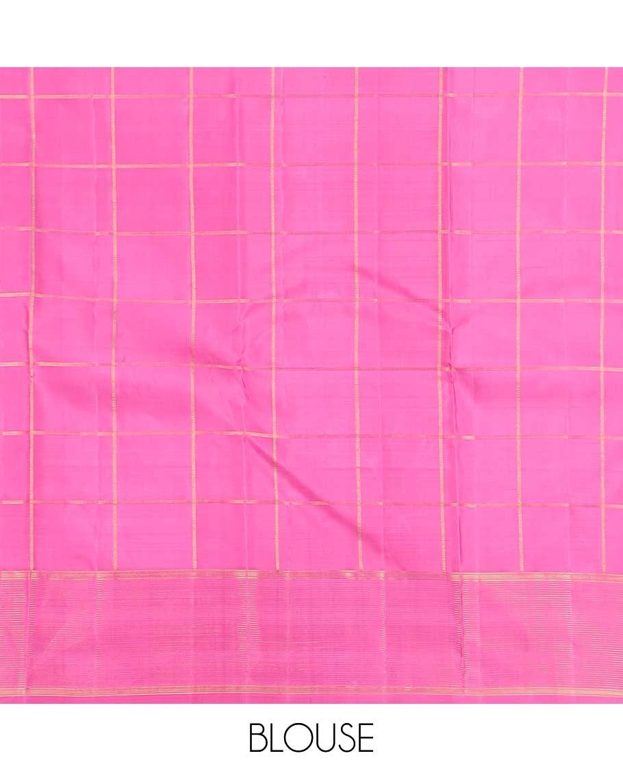 Pink annam chakram buttas enclosed checked Kanchipuram silk saree, zari border of stripes, and pallu of scallop designs