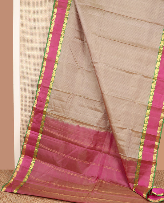 Sandal striped Kanchipuram silk saree, contrast mayil yaanai rettai pettu zari border, and zari striped pallu