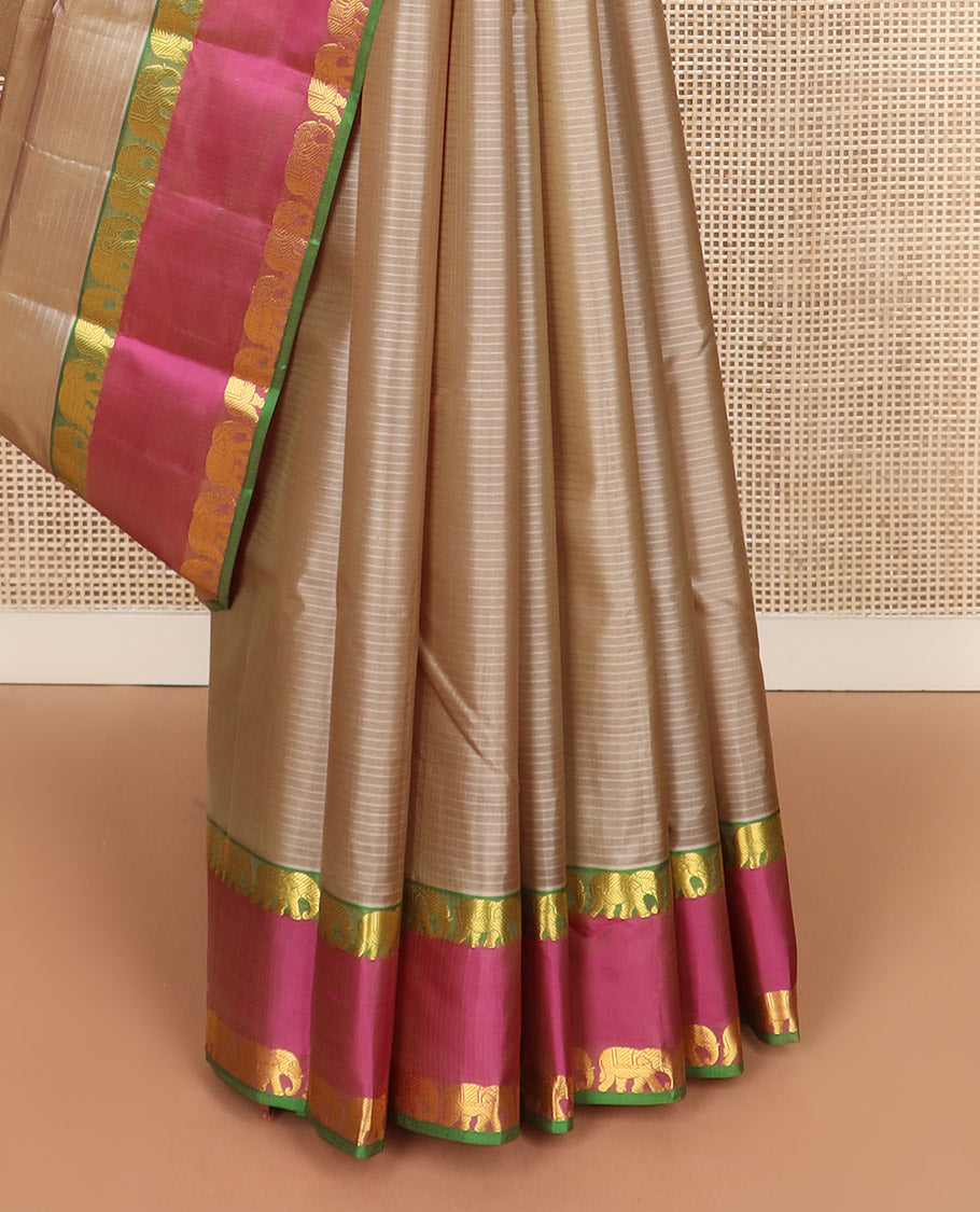 Sandal striped Kanchipuram silk saree, contrast mayil yaanai rettai pettu zari border, and zari striped pallu