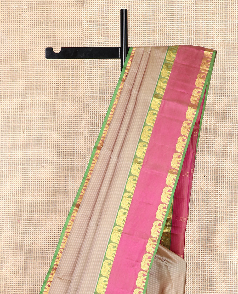 Sandal striped Kanchipuram silk saree, contrast mayil yaanai rettai pettu zari border, and zari striped pallu