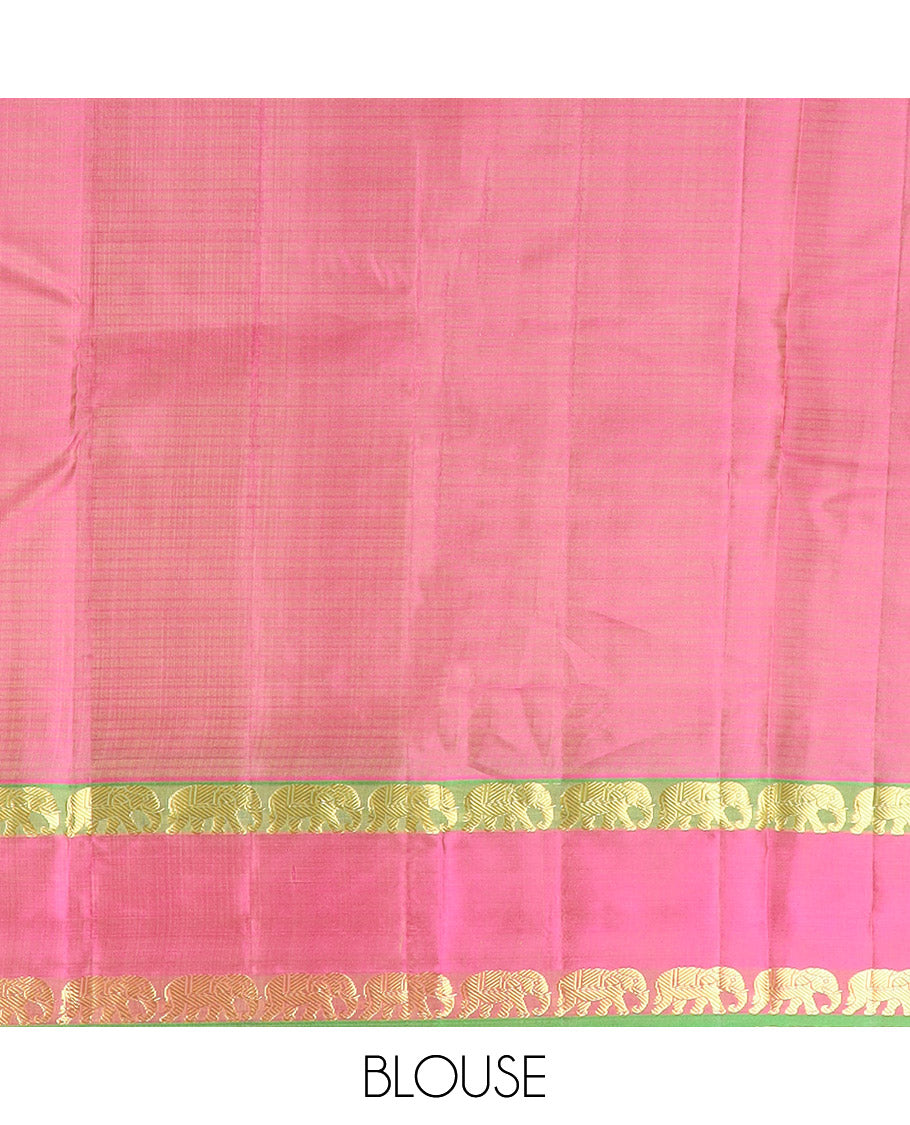 Sandal striped Kanchipuram silk saree, contrast mayil yaanai rettai pettu zari border, and zari striped pallu