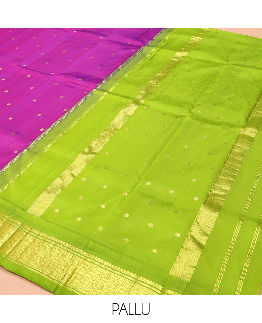 Rani Pink Kanchipuram Silk Saree, Woven with Zari Buttas on Its Body, Complemented by a Contrast One-Sided Korvai Border of Salngai, Banaras, and Jaal Designs, Pallu of Zari Designs, and Comes Without a Blouse