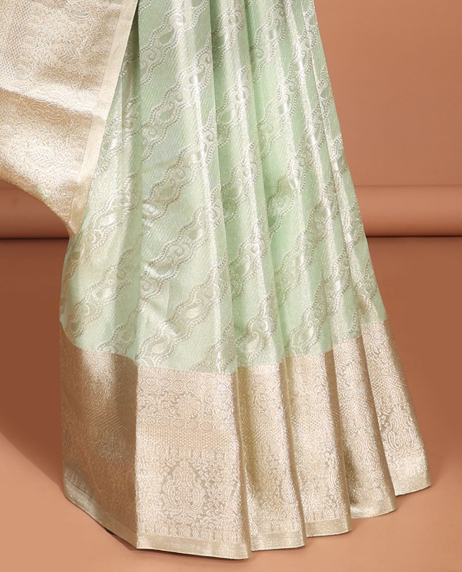 Green striped floral design kancheepuram tissue silk saree with self traditional zari border & intricate zari pallu