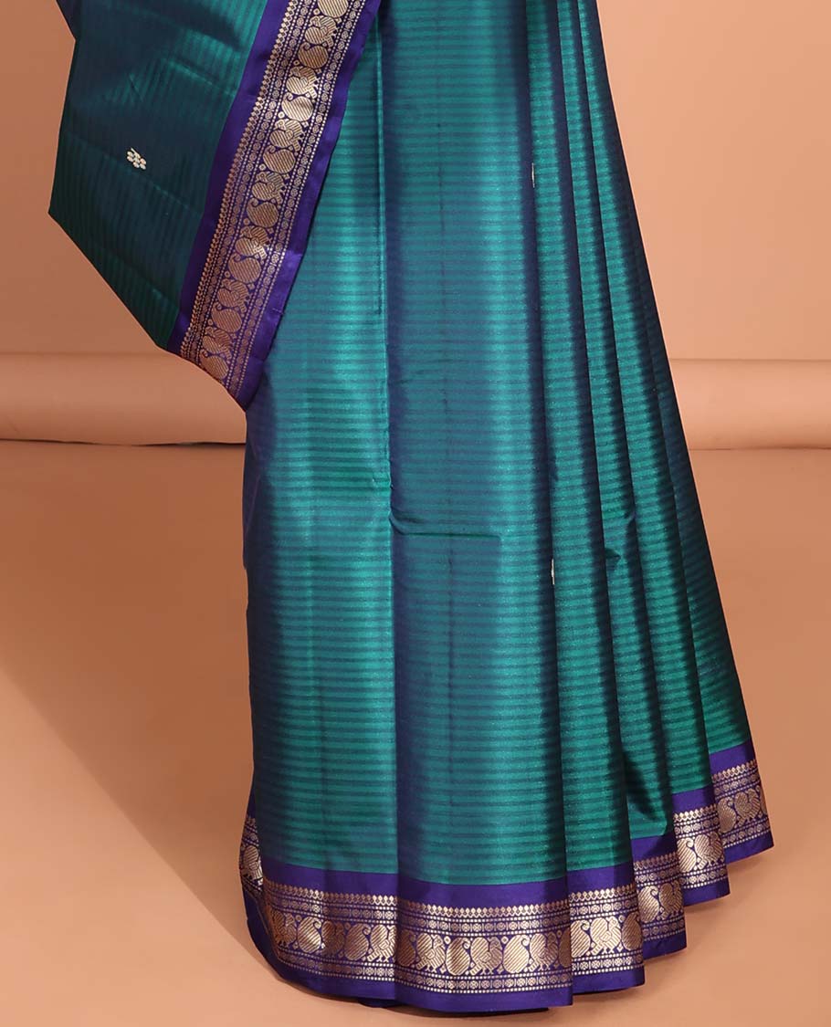 Blue striped flower buttas kancheepuram silk saree with contrast border of sombu, banaras, paisley design & zari design pallu