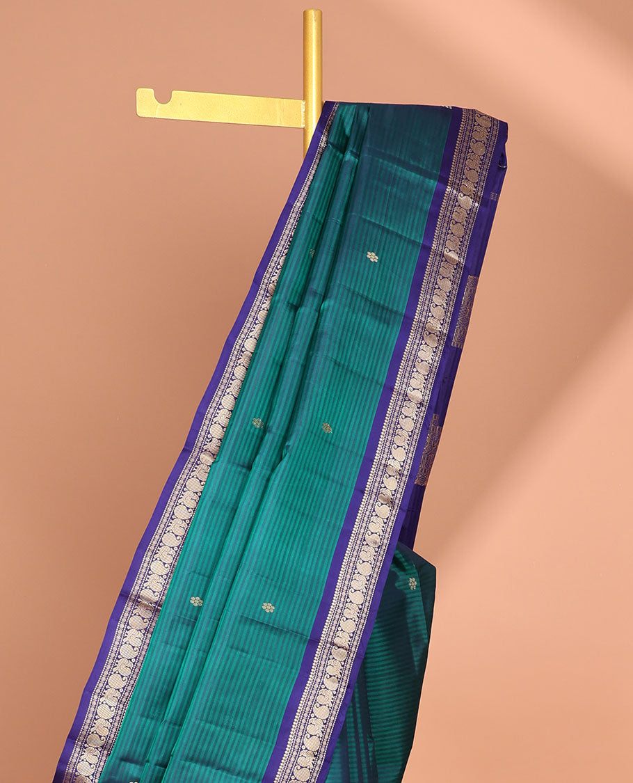 Blue striped flower buttas kancheepuram silk saree with contrast border of sombu, banaras, paisley design & zari design pallu