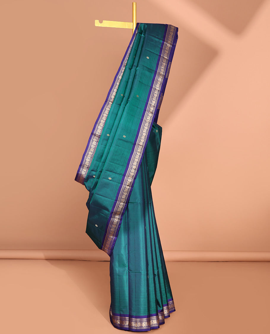 Blue striped flower buttas kancheepuram silk saree with contrast border of sombu, banaras, paisley design & zari design pallu