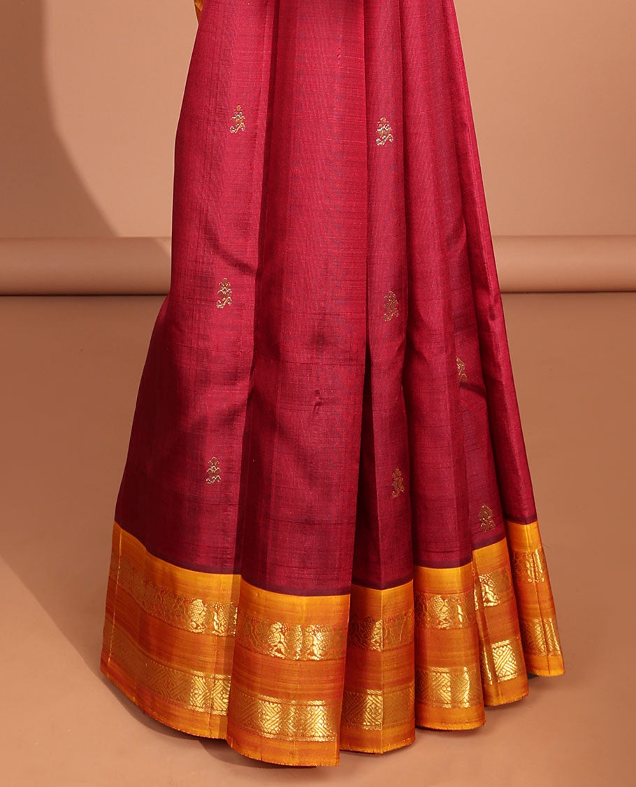 Red floral buttas kancheepuram silk saree with contrast rettai pettu zari border &  striped,floral buttas pallu
