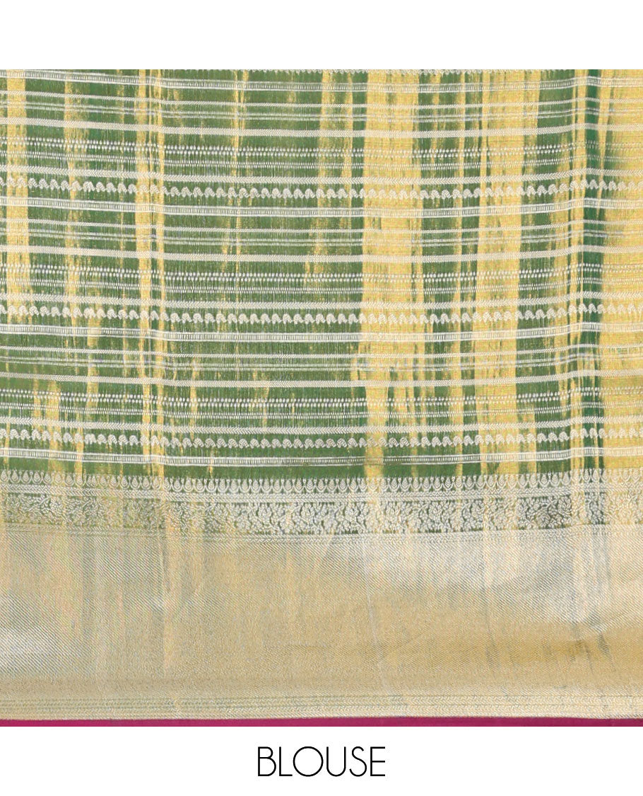 Gold meenakari floral-theme jacquard silk saree, contrast traditional zari woven border & pallu of jaal design