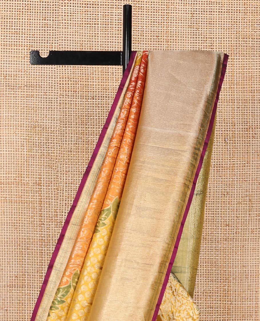 Gold meenakari floral-theme jacquard silk saree, contrast traditional zari woven border & pallu of jaal design