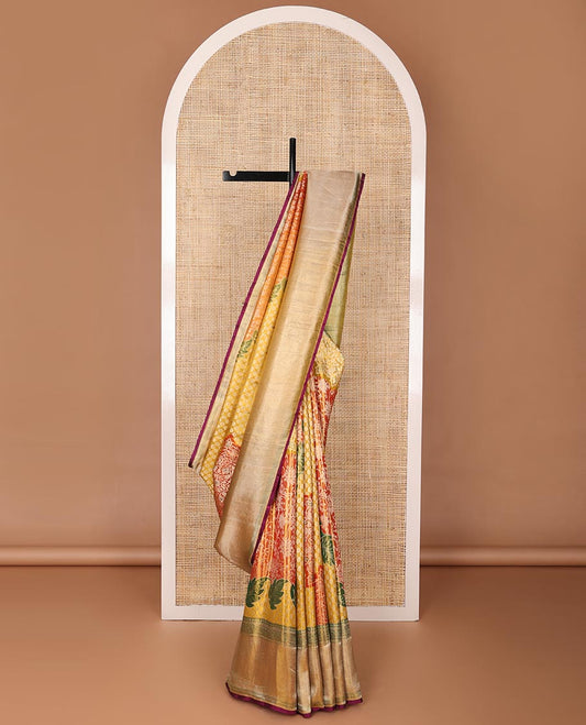 Gold meenakari floral-theme jacquard silk saree, contrast traditional zari woven border & pallu of jaal design