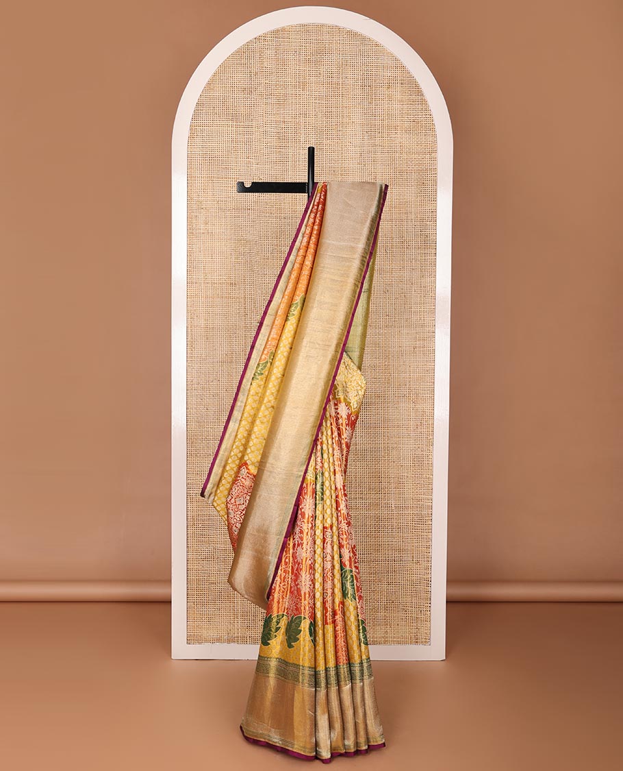 Gold meenakari floral-theme jacquard silk saree, contrast traditional zari woven border & pallu of jaal design