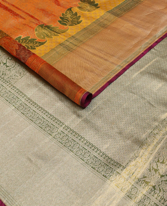 Gold meenakari floral-theme jacquard silk saree, contrast traditional zari woven border & pallu of jaal design