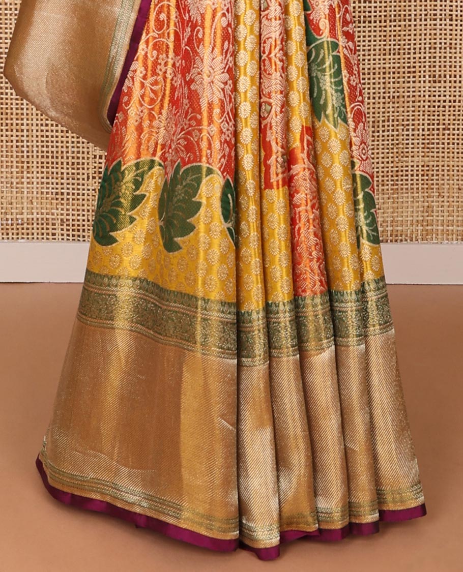 Gold meenakari floral-theme jacquard silk saree, contrast traditional zari woven border & pallu of jaal design