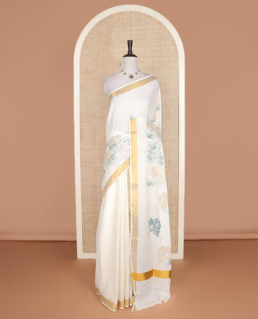 Cream floral, and paisley embroidered Kerala cotton saree, zari border, and floral, and paisley embroidered pallu