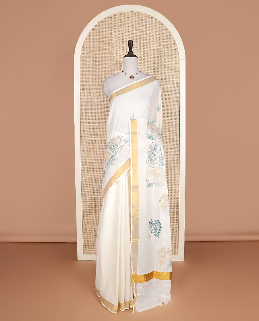 Cream floral, and paisley embroidered Kerala cotton saree, zari border, and floral, and paisley embroidered pallu