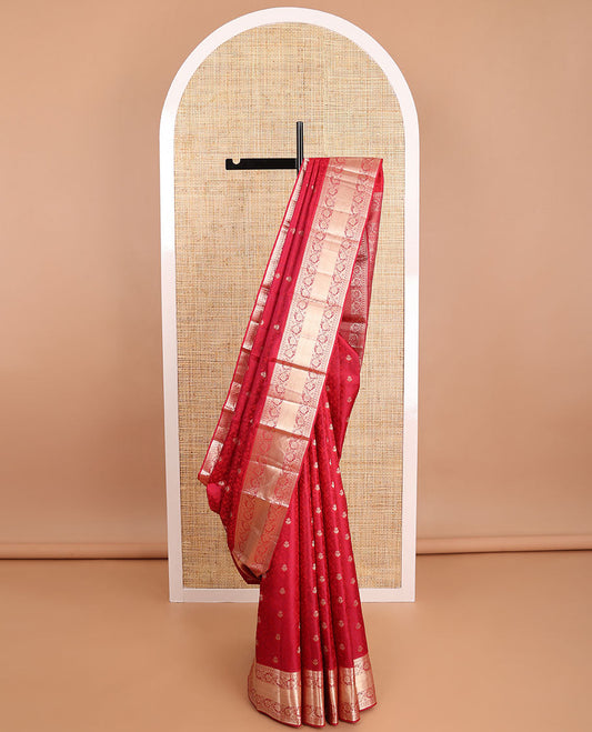 Red floral jacquard kancheepuram silk saree with self floral design border & jaal design pallu