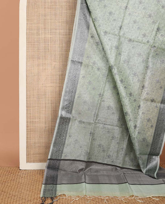Pastel green floral-paisley design fancy kota saree, traditional design border & striped pallu