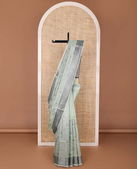Pastel green floral-paisley design fancy kota saree, traditional design border & striped pallu