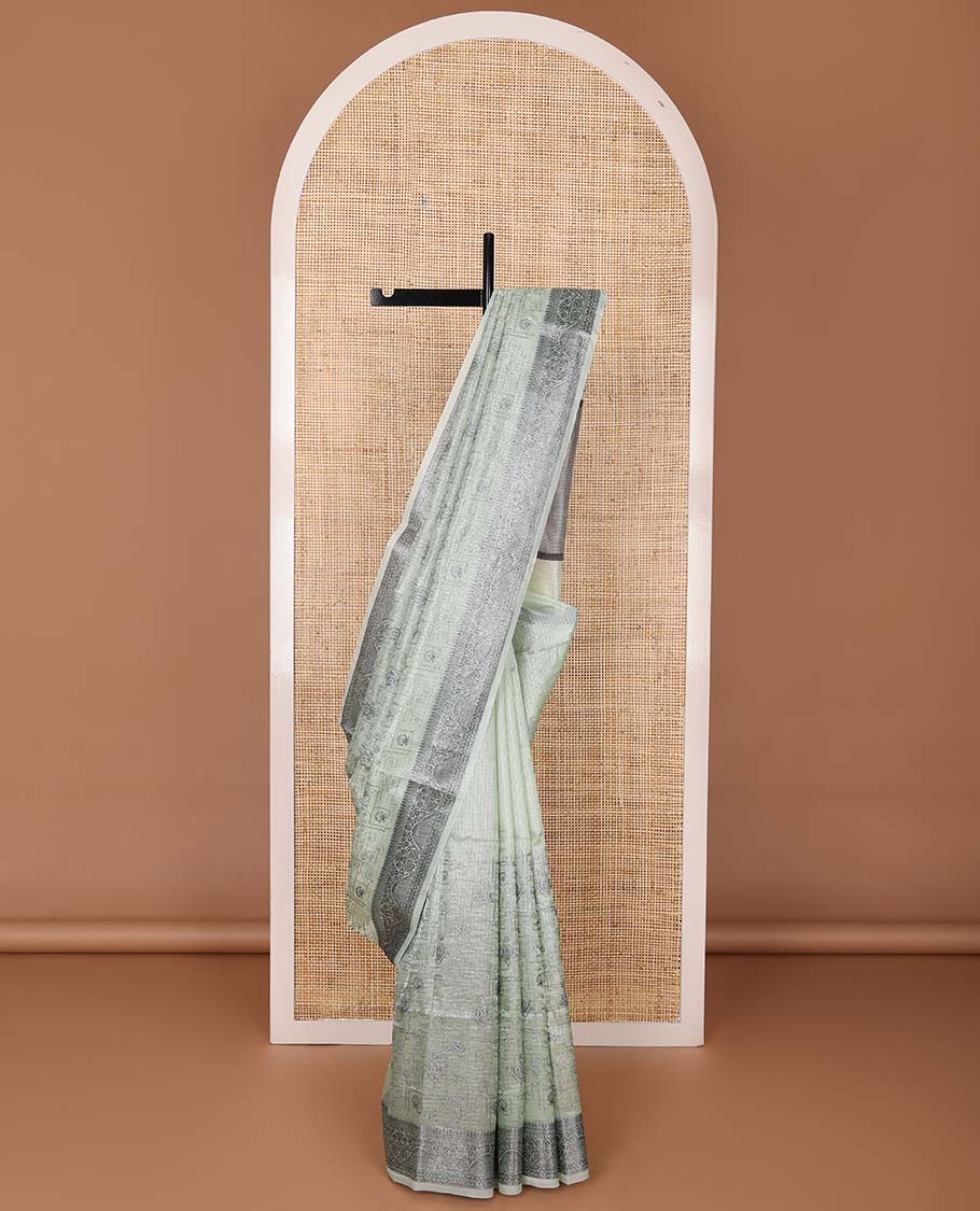 Pastel green floral-paisley design fancy kota saree, traditional design border & striped pallu