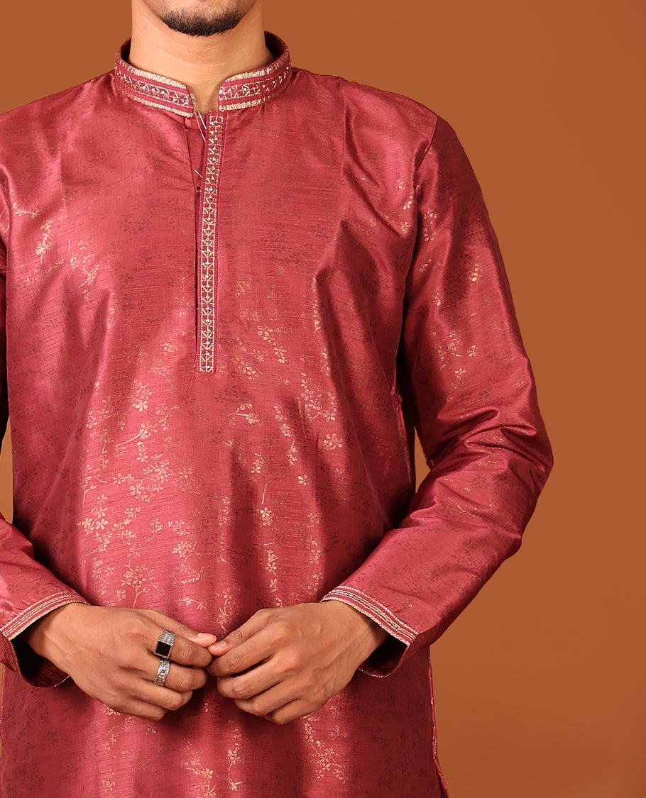 Red Floral Vine Sparsely Woven Full-Sleeved Men's Kurta Set