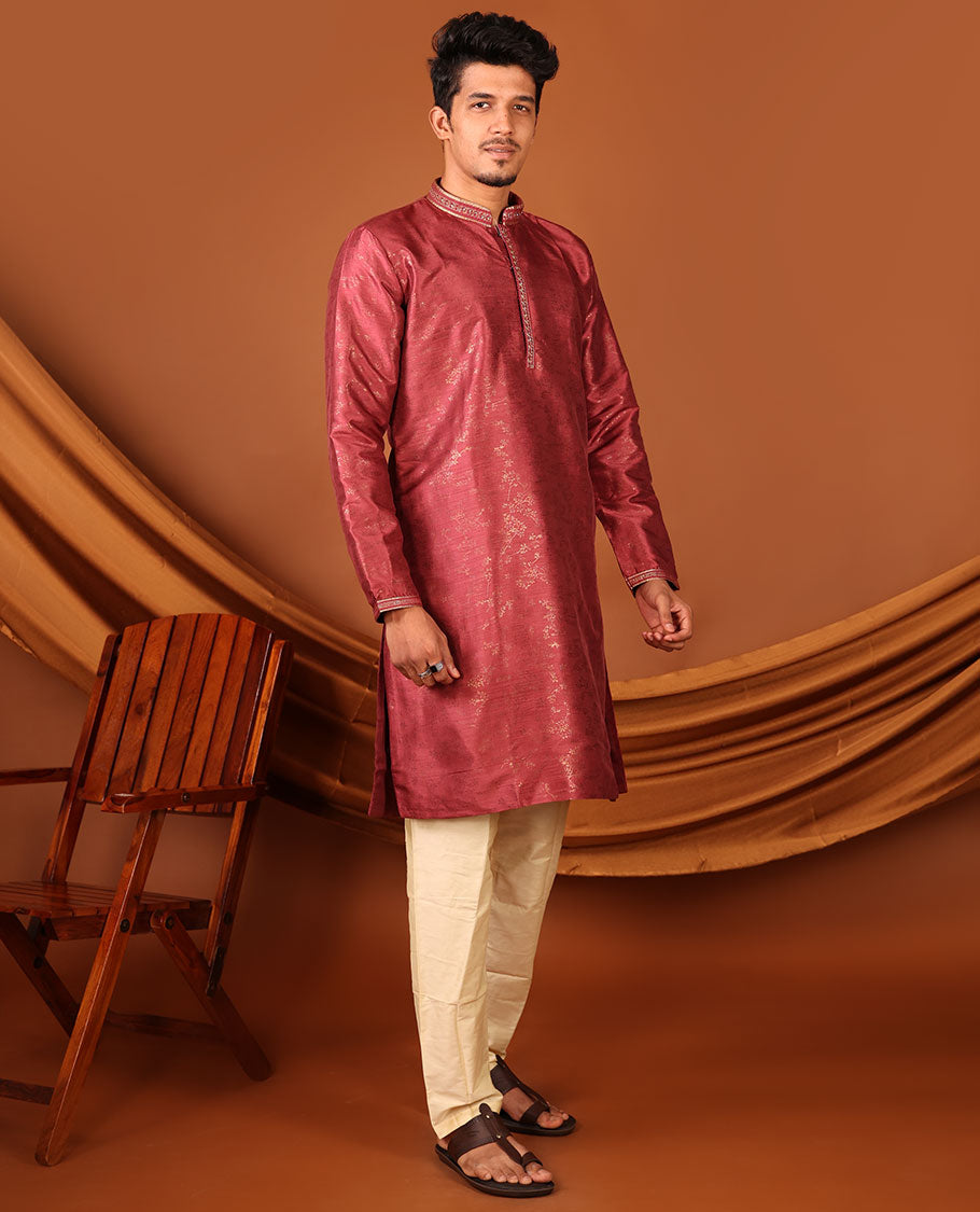 Red Floral Vine Sparsely Woven Full-Sleeved Men's Kurta Set