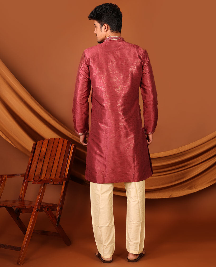 Red Floral Vine Sparsely Woven Full-Sleeved Men's Kurta Set