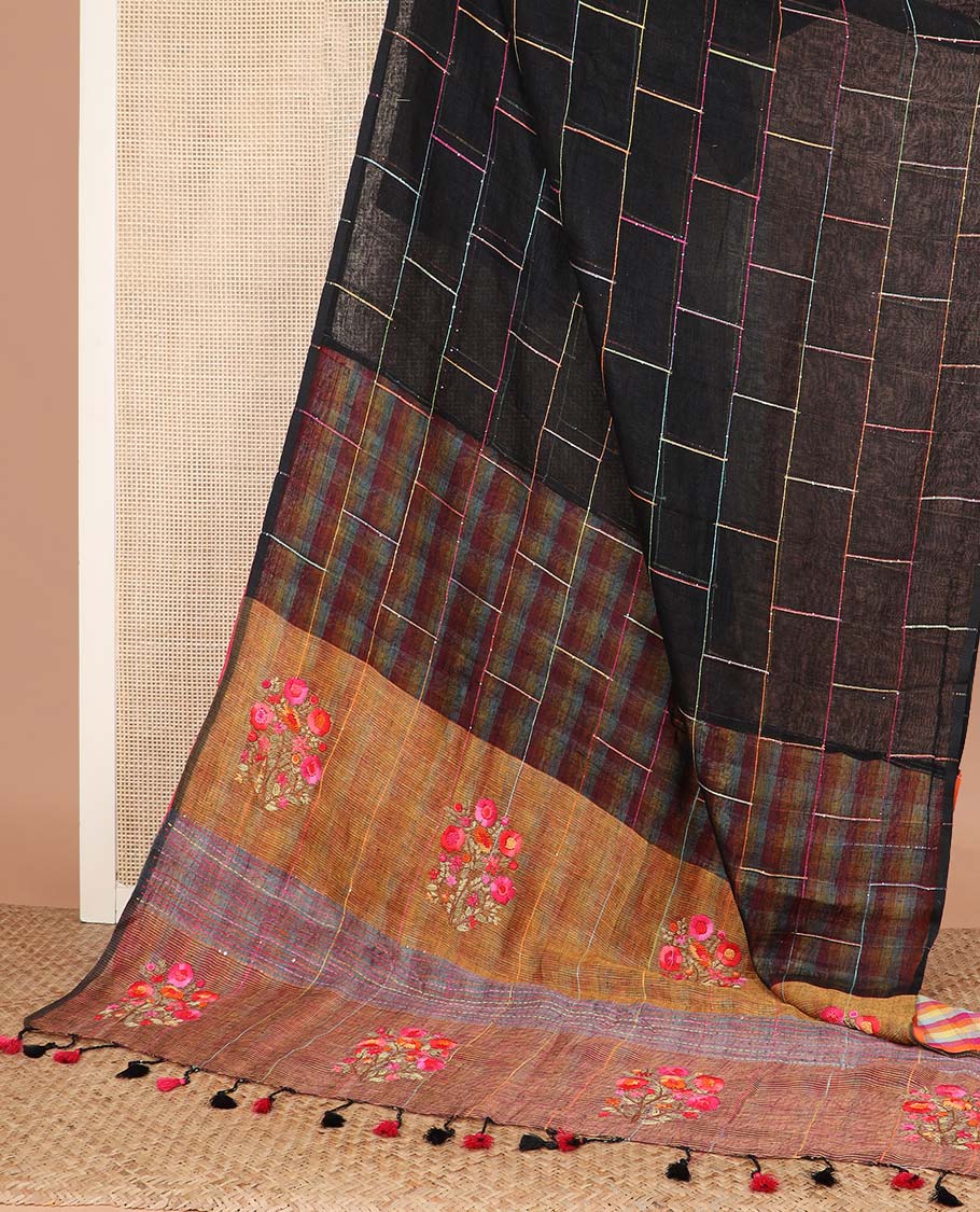 Borderless black checked linen cotton saree, contrast pallu of colorful floral motifs