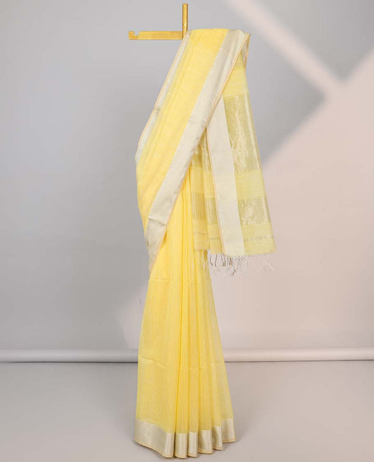 Yellow maheshwari cotton saree with contrast zari border & striped zari pallu