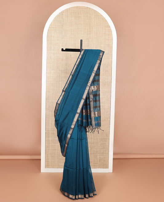Blue maheshwari cotton saree with self  floral zari design border & striped pallu