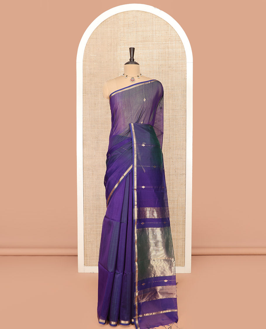 Blue Maheshwari Cotton Saree Highlighted with Diamond Stripes, Subtly Sparkled with Zari Border, Pallu Scintillated with Gleaming Zari Stripes, and Paired with a Matching Blouse