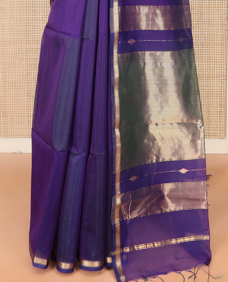 Blue Maheshwari Cotton Saree Highlighted with Diamond Stripes, Subtly Sparkled with Zari Border, Pallu Scintillated with Gleaming Zari Stripes, and Paired with a Matching Blouse