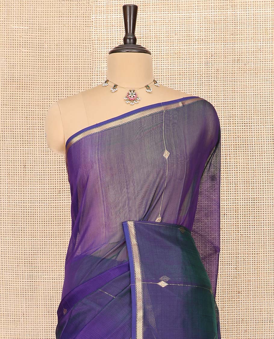 Blue Maheshwari Cotton Saree Highlighted with Diamond Stripes, Subtly Sparkled with Zari Border, Pallu Scintillated with Gleaming Zari Stripes, and Paired with a Matching Blouse