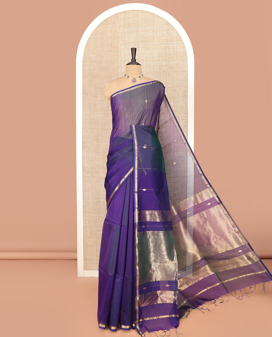 Blue Maheshwari Cotton Saree Highlighted with Diamond Stripes, Subtly Sparkled with Zari Border, Pallu Scintillated with Gleaming Zari Stripes, and Paired with a Matching Blouse