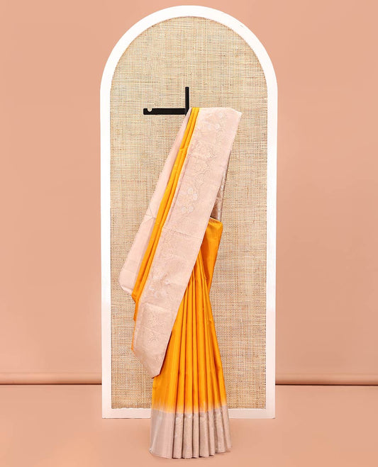 Yellow Mayuri Soft Silk Saree, Subtly Woven with Buttas All Over Its Body, Complemented by Contrast Artfully Woven Border, Pallu of Floral Designs, and Paired with a Contrast Blouse