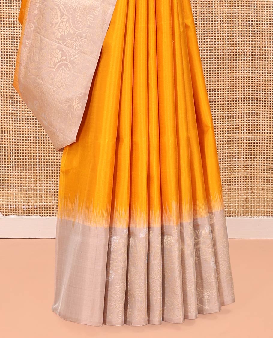 Yellow Mayuri Soft Silk Saree, Subtly Woven with Buttas All Over Its Body, Complemented by Contrast Artfully Woven Border, Pallu of Floral Designs, and Paired with a Contrast Blouse