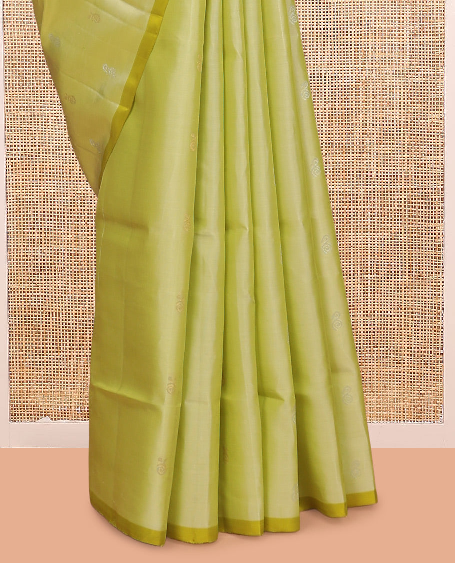 Borderless Green Mayuri Lite Silk Mix Saree, Decorated with Zari Buttas, a Contrast Geometric Pallu, and a Contrast Blouse