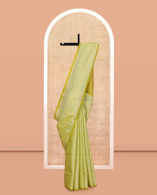 Borderless Green Mayuri Lite Silk Mix Saree, Decorated with Zari Buttas, a Contrast Geometric Pallu, and a Contrast Blouse