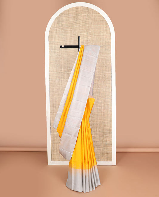 Yellow mayuri soft silk saree with contrast border & geometric design pallu