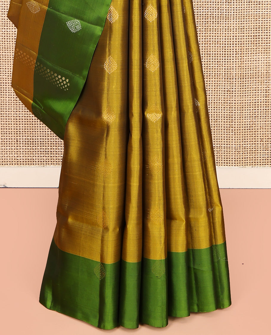Yellow Mayuri Lite Silk Mix Saree, Woven with Zari Buttas All Over Its Body, Complemented by a Contrast Buttas Border, Pallu of Spiral Designs, and Paired with a Contrast Blouse