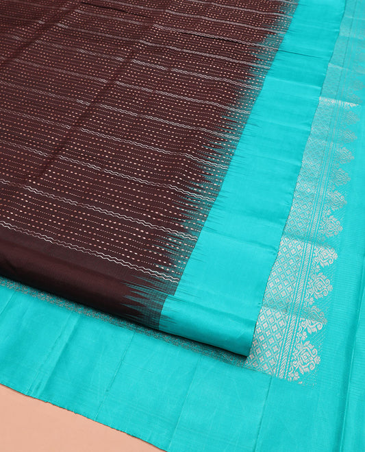 Brown Mayuri Soft Silk Saree, Finely Crafted with Dobbly-Style Buttas and Zig-Zag Stripes All Over Its Body, Complemented by Contrast Border, Grand Pallu of Jaal Designs, and Paired with a Contrast Blouse